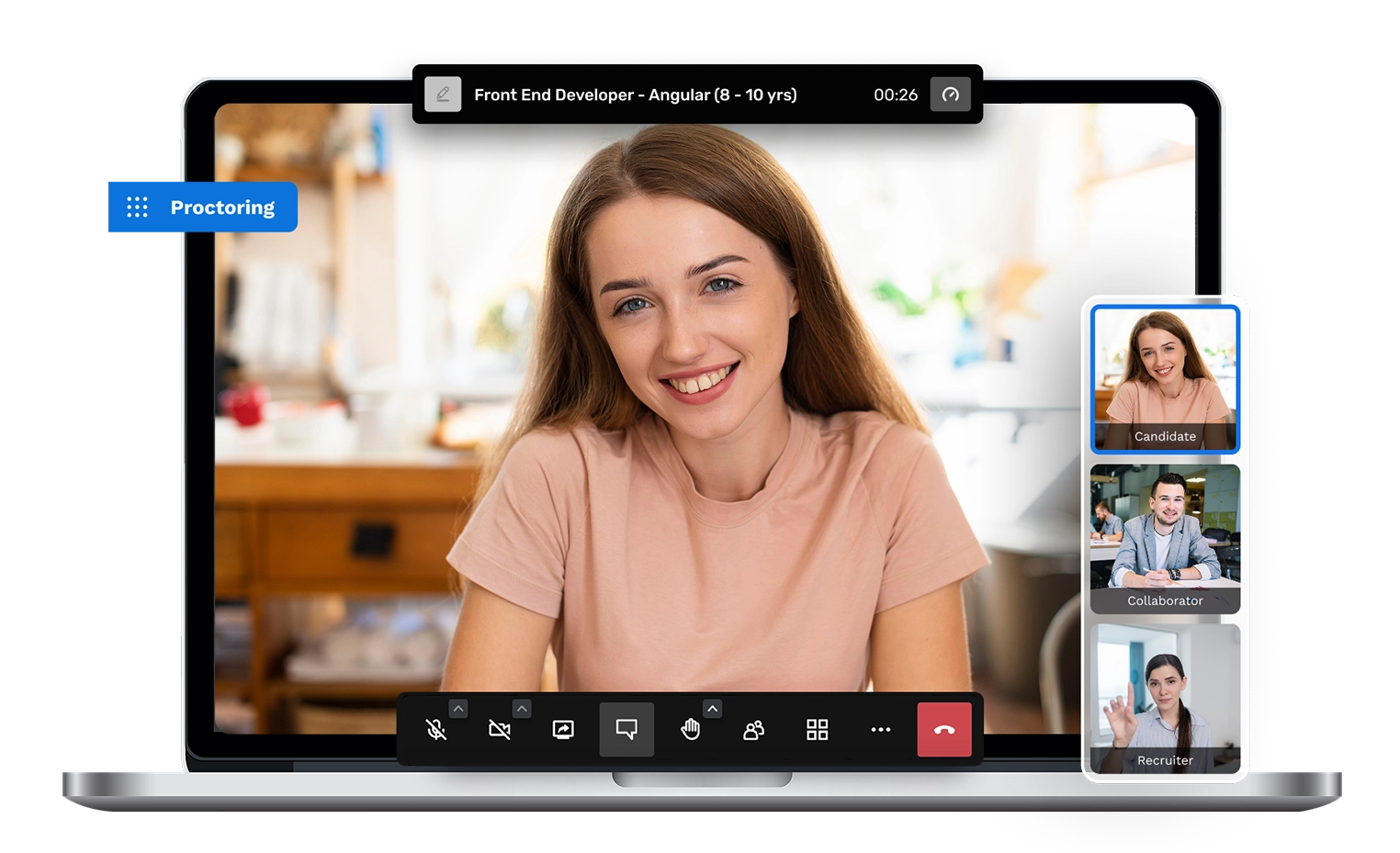 A laptop screen showing candidate, collaborator & recruiter taking live video interview using Skillkeepr ATS.